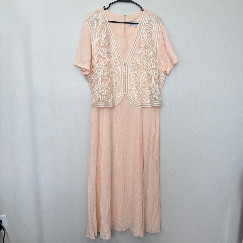 Betsy's Things Midi Dress‎ Womens XL Peach Excellent Soutache Lace Pearl Vintage